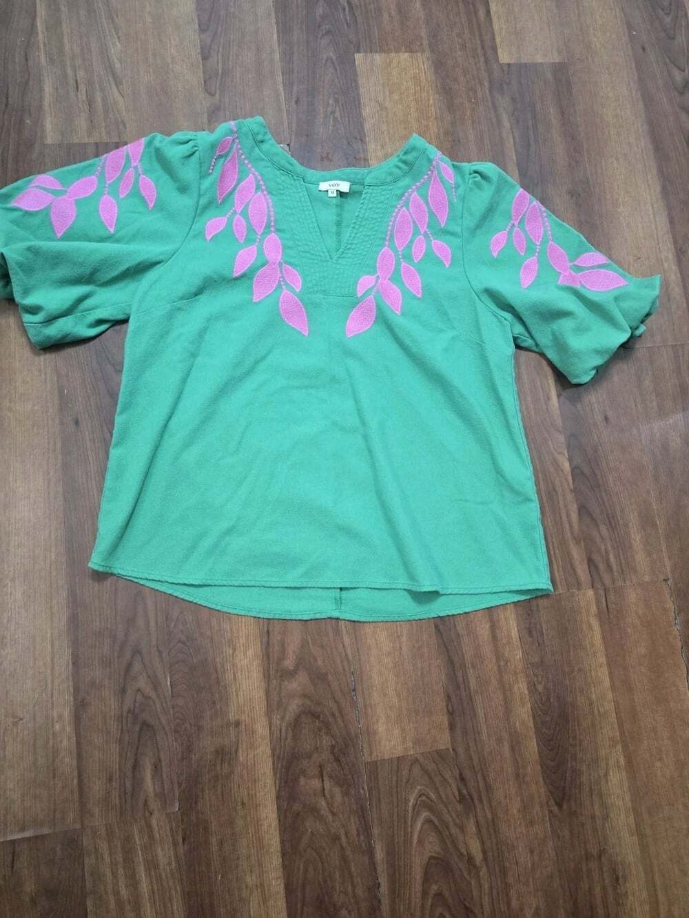 VOY Green Floral Lace V-NeckBoho Embroidered Puff Bubble Sleeve Cotton Linen Mix - Picture 13 of 15
